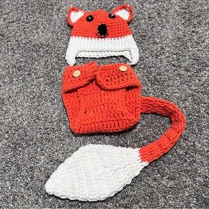 Adorable Fox Knit Hat and Diaper Cover Set - Red and White